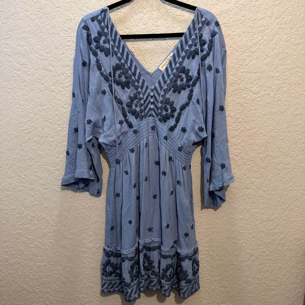 Hale Bob Embroidered Boho Mini Dress M Blue Floral Peasant Cottagecore